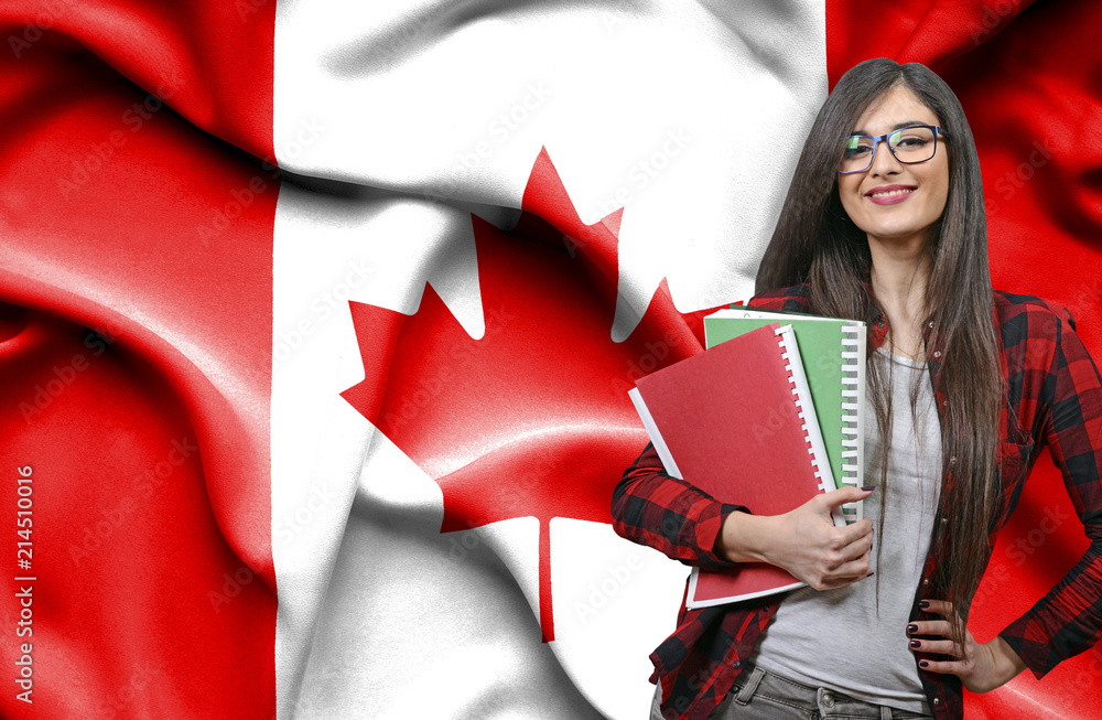 picture of girl with books canada flag background